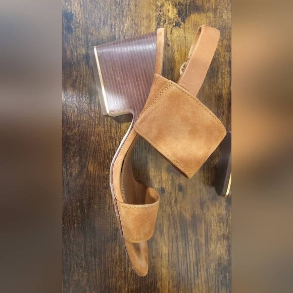 Tory Burch Selby 75MM Block Heel Sandals Silk Suede Ambra Tan Size-8.5 - Picture 4 of 11